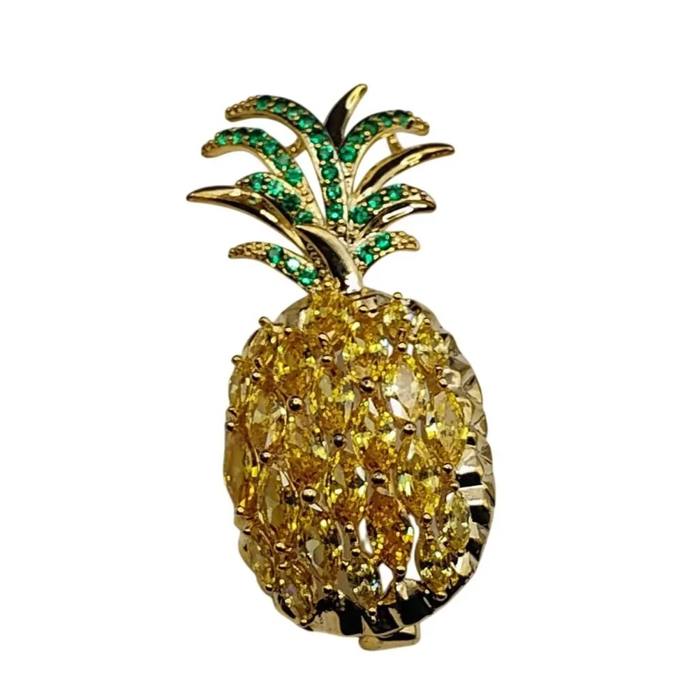 Yellow & Green Rhinestone Pineapple Brooch Gold Tone Tropical - Picture 2 of 4